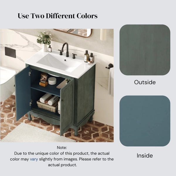English Elm Christopher Knight Home® - 30" Vintage Bathroom Vanity with Rectangle Ceramic Sink, Rubber Wood Legs, Soft-Close Doors, Adjustable Shelves Antique blue green,Teal N817P245316B