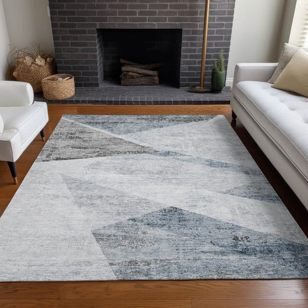 HomeRoots 10' Sky Blue Gray Silver Geometric Area Rug - Durable, Washable, UV Resistant for Modern Spaces 664600