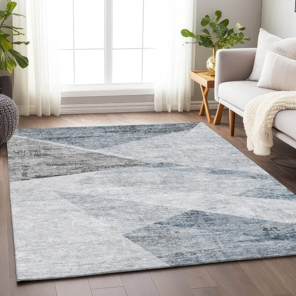 HomeRoots 10' Sky Blue Gray Silver Geometric Area Rug - Durable, Washable, UV Resistant for Modern Spaces 664600
