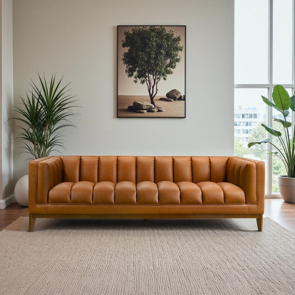English Elm Melissa Channel Tufted Vegan Leather Sofa with Walnut Legs for Modern Living Rooms B183P423281