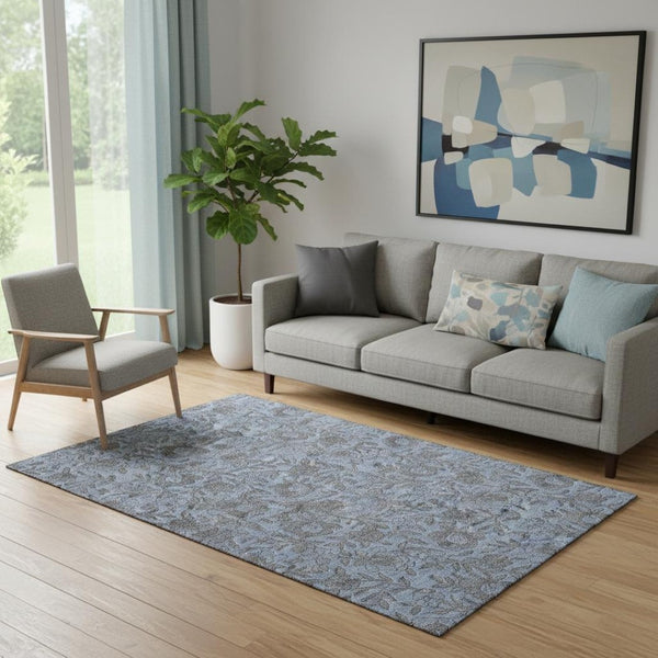 HomeRoots 5' X 8' Blue And Gray Floral Area Rug - Washable, Stain Resistant & UV Protected for Active Homes 664602