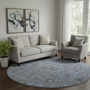 HomeRoots 8' Blue And Gray Floral Round Rug - Washable, UV-Protected, Durable for Busy Homes & Classic Decor 664603