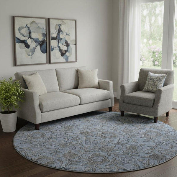 HomeRoots 8' Blue And Gray Floral Round Rug - Washable, UV-Protected, Durable for Busy Homes & Classic Decor 664603