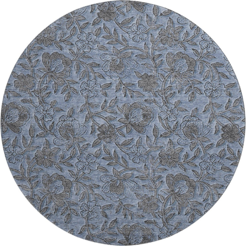 HomeRoots 8' Blue And Gray Floral Round Rug - Washable, UV-Protected, Durable for Busy Homes & Classic Decor 664603
