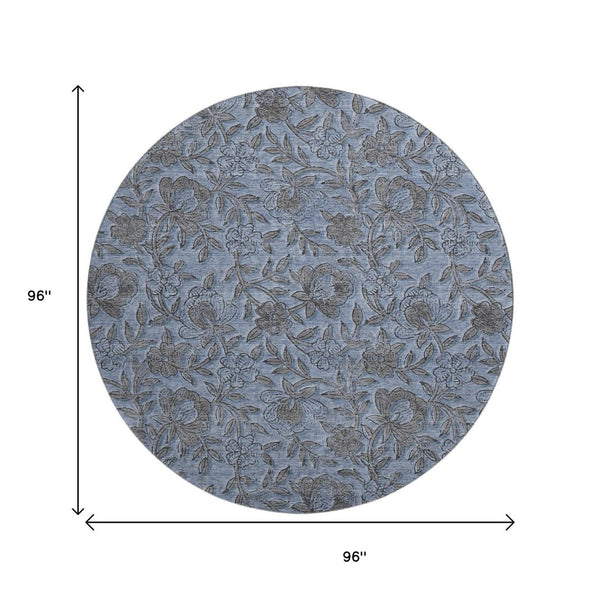 HomeRoots 8' Blue And Gray Floral Round Rug - Washable, UV-Protected, Durable for Busy Homes & Classic Decor 664603