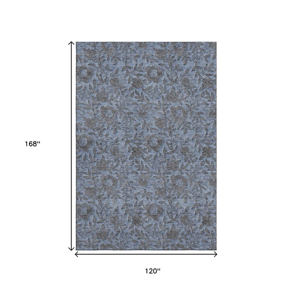 HomeRoots 10' X 14' Elegant Blue and Gray Floral Area Rug - Washable, UV Protected for High-Traffic Spaces 664606