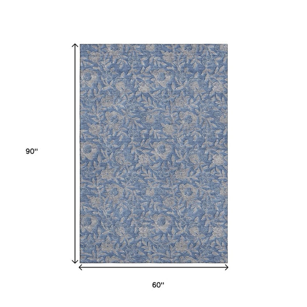 HomeRoots 5' X 8' Denim Blue & Taupe Floral Area Rug - Washable, UV Protection, Stain-Resistant for Homes 664608