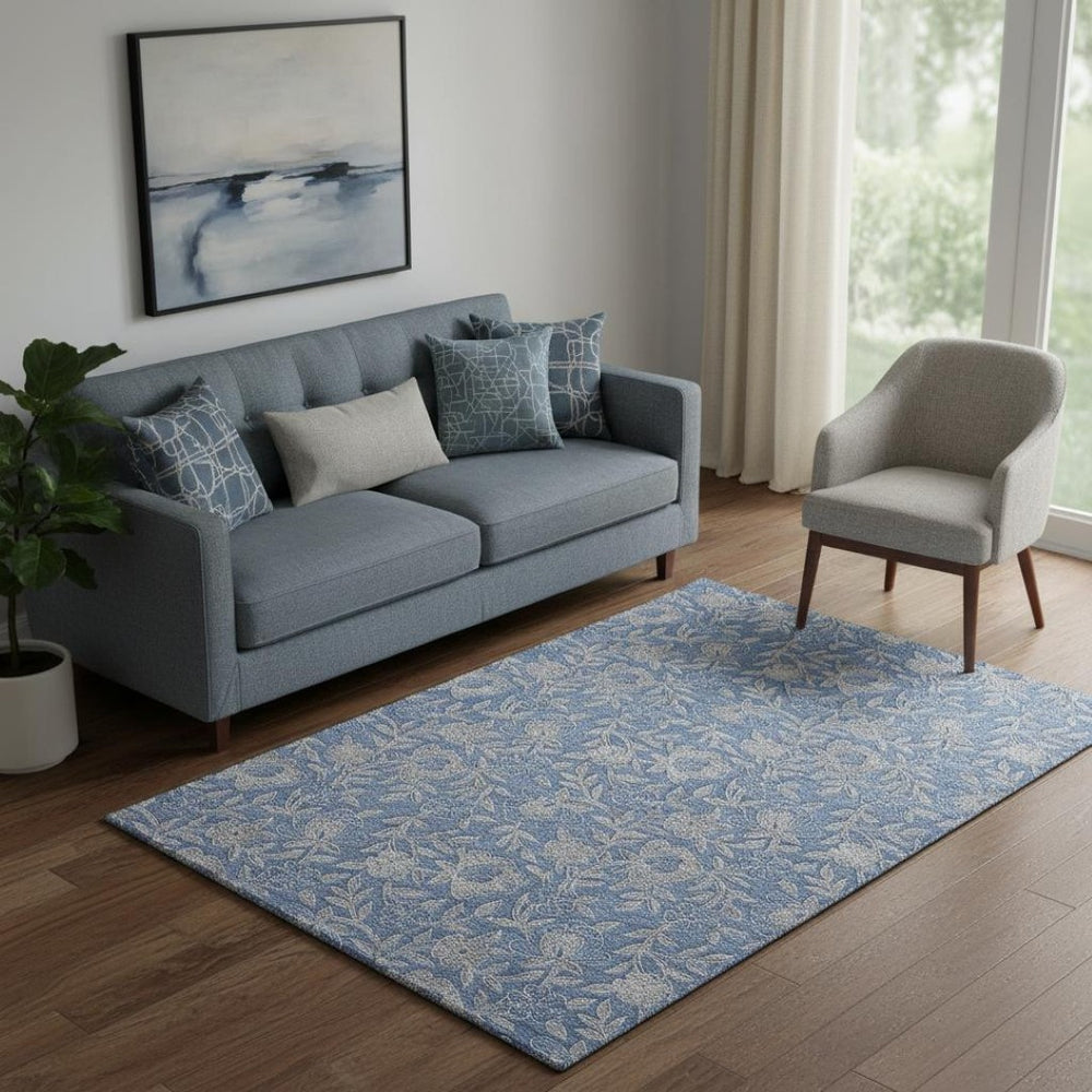 HomeRoots 5' X 8' Denim Blue & Taupe Floral Area Rug - Washable, UV Protection, Stain-Resistant for Homes 664608