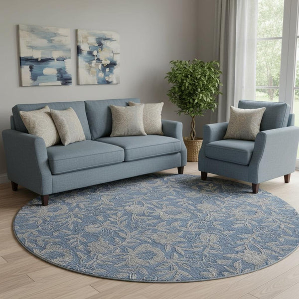 HomeRoots 8' Denim Blue and Taupe Floral Washable Round Rug - Durable, UV Protected, Perfect for Any Space! 664609