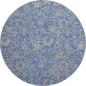 HomeRoots 8' Denim Blue and Taupe Floral Washable Round Rug - Durable, UV Protected, Perfect for Any Space! 664609