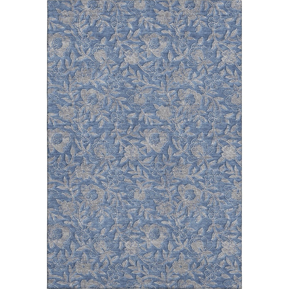 HomeRoots 9' X 12' Denim Blue & Taupe Floral Area Rug - Washable, UV-Protected, Ideal for Family Spaces 664611