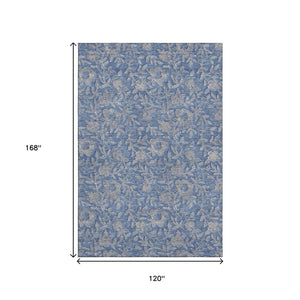 HomeRoots 10' Denim Blue & Taupe Floral Washable Area Rug - UV Protected, Stain Resistant, Durable Design for Homes 664612