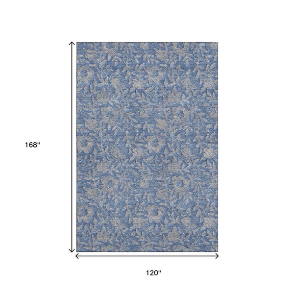 HomeRoots 10' Denim Blue & Taupe Floral Washable Area Rug - UV Protected, Stain Resistant, Durable Design for Homes 664612