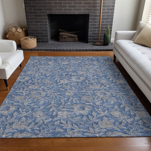 HomeRoots 10' Denim Blue & Taupe Floral Washable Area Rug - UV Protected, Stain Resistant, Durable Design for Homes 664612