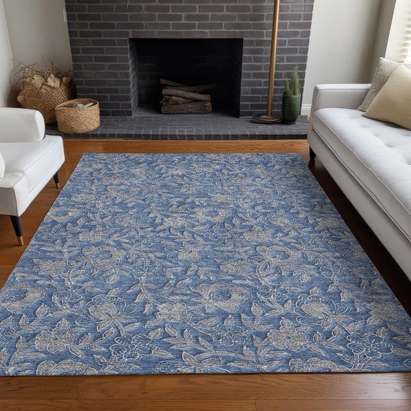 HomeRoots 10' Denim Blue & Taupe Floral Washable Area Rug - UV Protected, Stain Resistant, Durable Design for Homes 664612