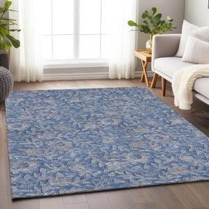 HomeRoots 10' Denim Blue & Taupe Floral Washable Area Rug - UV Protected, Stain Resistant, Durable Design for Homes 664612