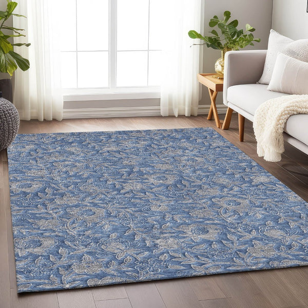 HomeRoots 10' Denim Blue & Taupe Floral Washable Area Rug - UV Protected, Stain Resistant, Durable Design for Homes 664612