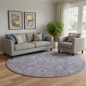 HomeRoots 8' Eggplant and Gray Floral Washable Round Rug - Elegant, Durable, Kid-Friendly with UV Protection! 664615
