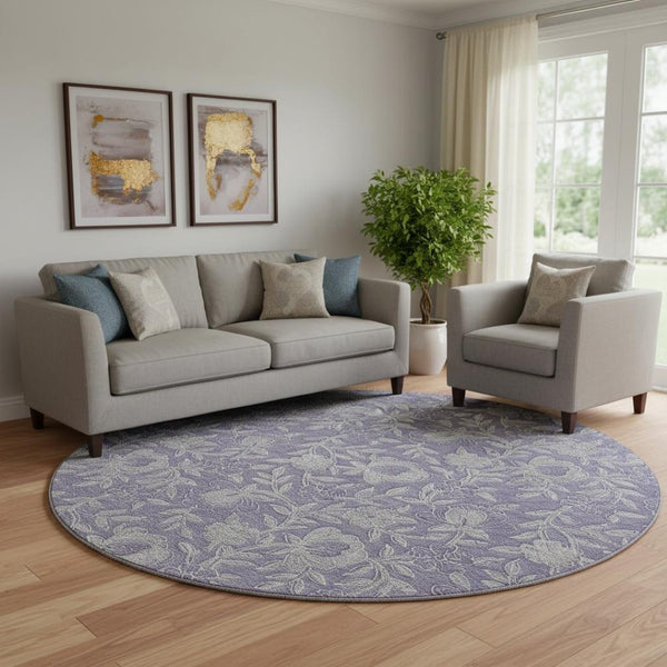 HomeRoots 8' Eggplant and Gray Floral Washable Round Rug - Elegant, Durable, Kid-Friendly with UV Protection! 664615