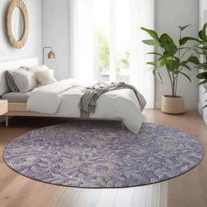 HomeRoots 8' Eggplant and Gray Floral Washable Round Rug - Elegant, Durable, Kid-Friendly with UV Protection! 664615