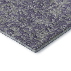 HomeRoots 8' Eggplant and Gray Floral Washable Round Rug - Elegant, Durable, Kid-Friendly with UV Protection! 664615