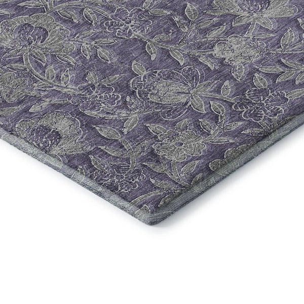 HomeRoots 8' Eggplant and Gray Floral Washable Round Rug - Elegant, Durable, Kid-Friendly with UV Protection! 664615