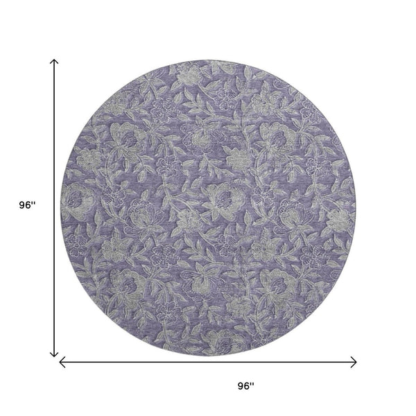 HomeRoots 8' Eggplant and Gray Floral Washable Round Rug - Elegant, Durable, Kid-Friendly with UV Protection! 664615
