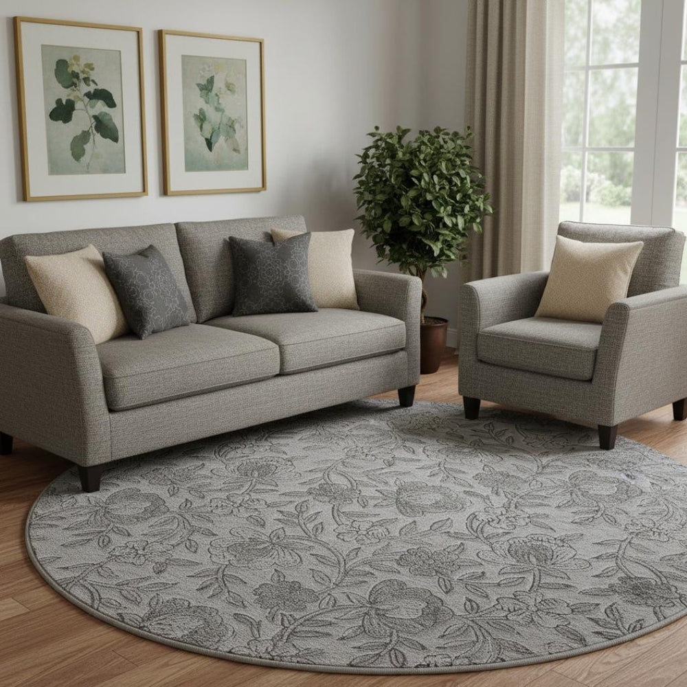 HomeRoots 8' Gray and Charcoal Floral Washable Round Rug – Durable, Stylish, UV Protected for High-Traffic Areas! 664621