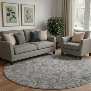 HomeRoots 8' Gray and Charcoal Floral Washable Round Rug – Durable, Stylish, UV Protected for High-Traffic Areas! 664621