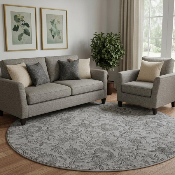 HomeRoots 8' Gray and Charcoal Floral Washable Round Rug – Durable, Stylish, UV Protected for High-Traffic Areas! 664621