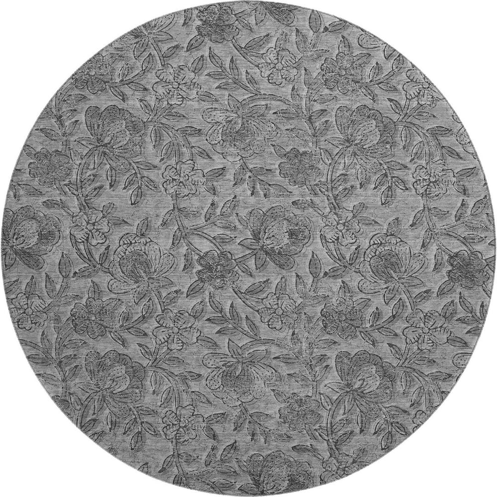 HomeRoots 8' Gray and Charcoal Floral Washable Round Rug – Durable, Stylish, UV Protected for High-Traffic Areas! 664621