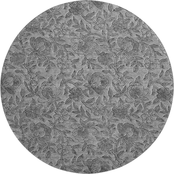 HomeRoots 8' Gray and Charcoal Floral Washable Round Rug – Durable, Stylish, UV Protected for High-Traffic Areas! 664621