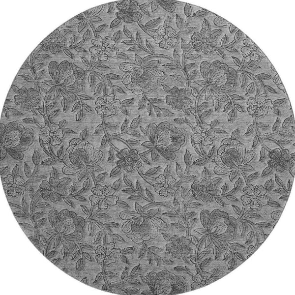 HomeRoots 8' Gray and Charcoal Floral Washable Round Rug – Durable, Stylish, UV Protected for High-Traffic Areas! 664621
