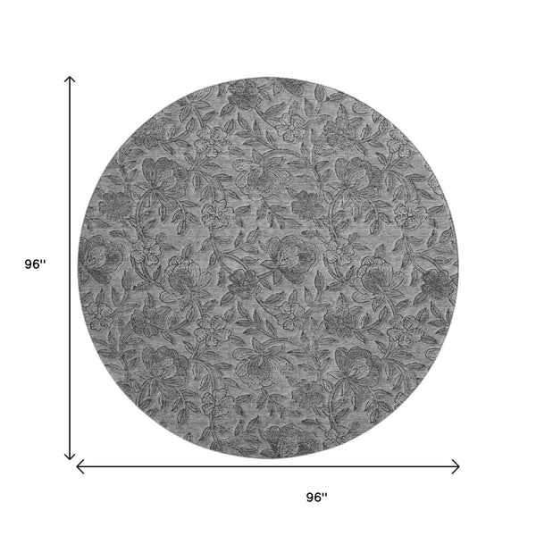HomeRoots 8' Gray and Charcoal Floral Washable Round Rug – Durable, Stylish, UV Protected for High-Traffic Areas! 664621