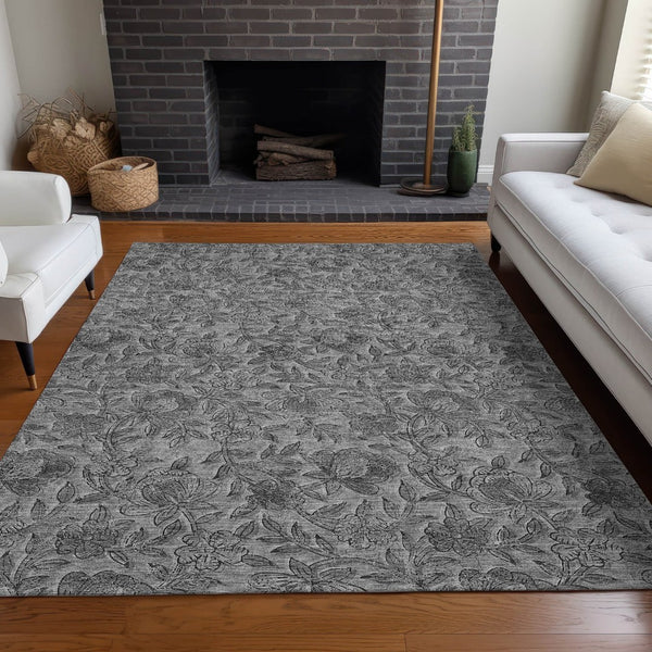 HomeRoots 10' Gray and Charcoal Floral Washable Area Rug with UV Protection - Durable, Stylish, and Stain-Resistant! 664624