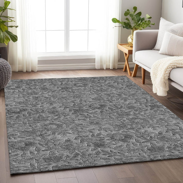 HomeRoots 10' Gray and Charcoal Floral Washable Area Rug with UV Protection - Durable, Stylish, and Stain-Resistant! 664624