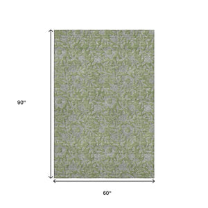 HomeRoots 5' X 8' Olive Green & Gray Floral Area Rug – Washable, UV-Protected, Durable for Homes with Kids & Pets 664632