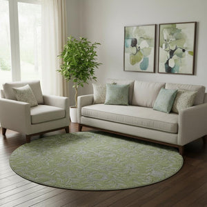 HomeRoots 8' Washable Olive Green & Gray Floral Round Rug with UV Protection - Perfect for High-Traffic Areas! 664633