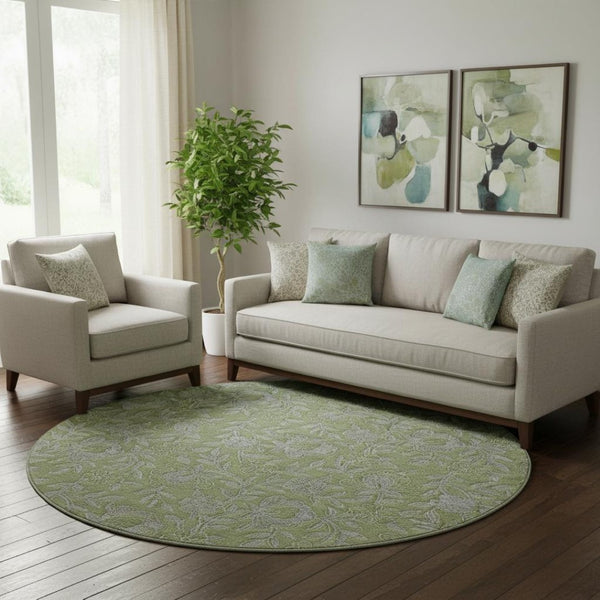 HomeRoots 8' Washable Olive Green & Gray Floral Round Rug with UV Protection - Perfect for High-Traffic Areas! 664633