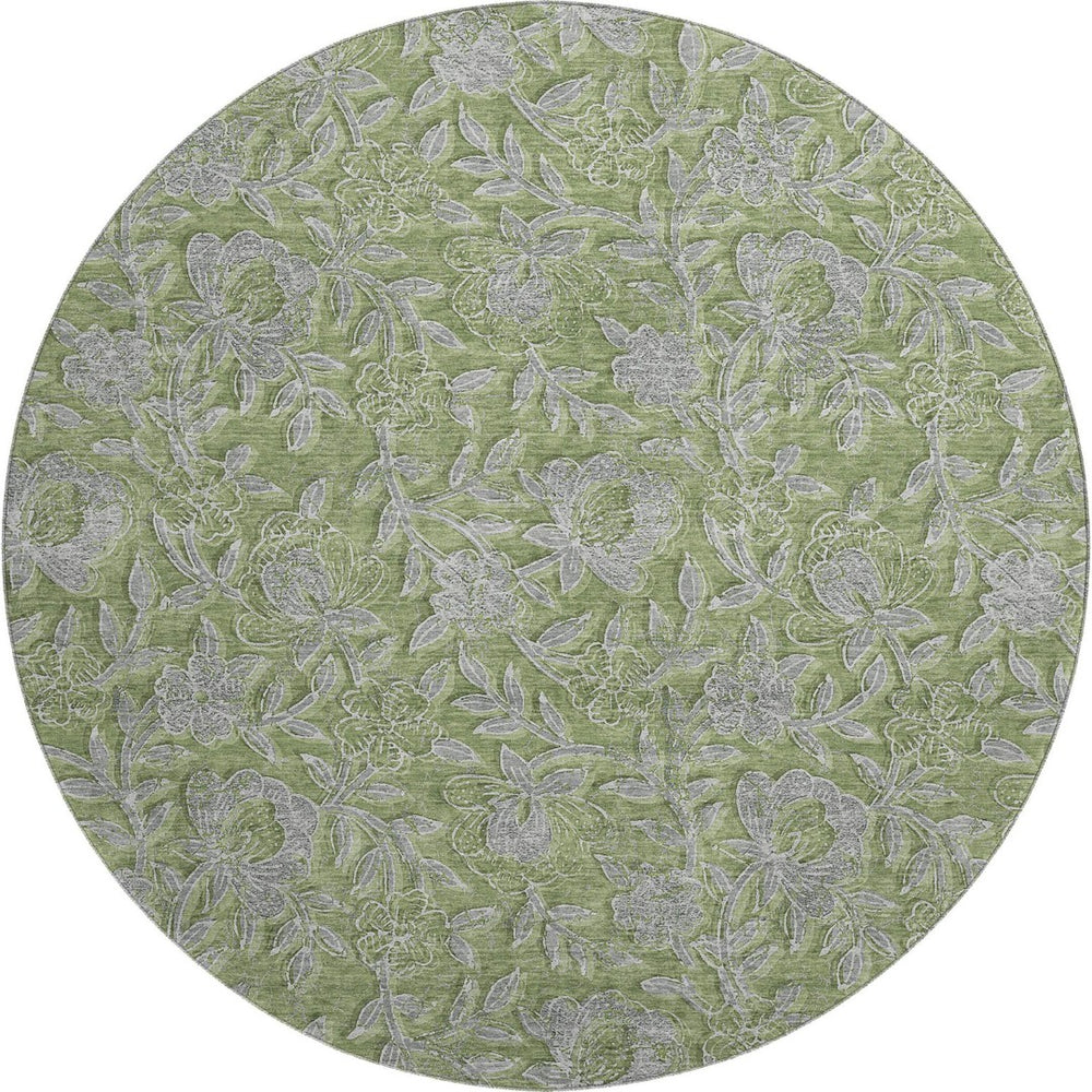 HomeRoots 8' Washable Olive Green & Gray Floral Round Rug with UV Protection - Perfect for High-Traffic Areas! 664633