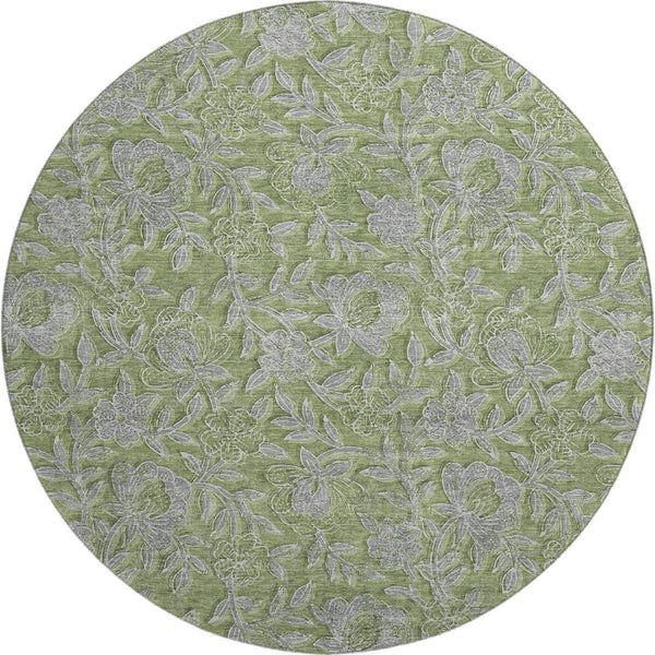 HomeRoots 8' Washable Olive Green & Gray Floral Round Rug with UV Protection - Perfect for High-Traffic Areas! 664633