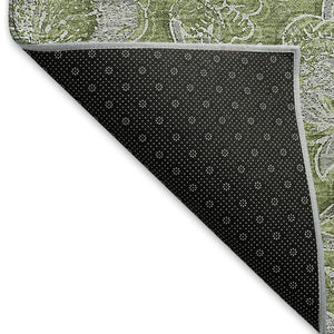 HomeRoots 8' Washable Olive Green & Gray Floral Round Rug with UV Protection - Perfect for High-Traffic Areas! 664633