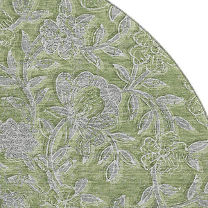 HomeRoots 8' Washable Olive Green & Gray Floral Round Rug with UV Protection - Perfect for High-Traffic Areas! 664633