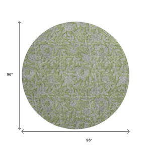 HomeRoots 8' Washable Olive Green & Gray Floral Round Rug with UV Protection - Perfect for High-Traffic Areas! 664633