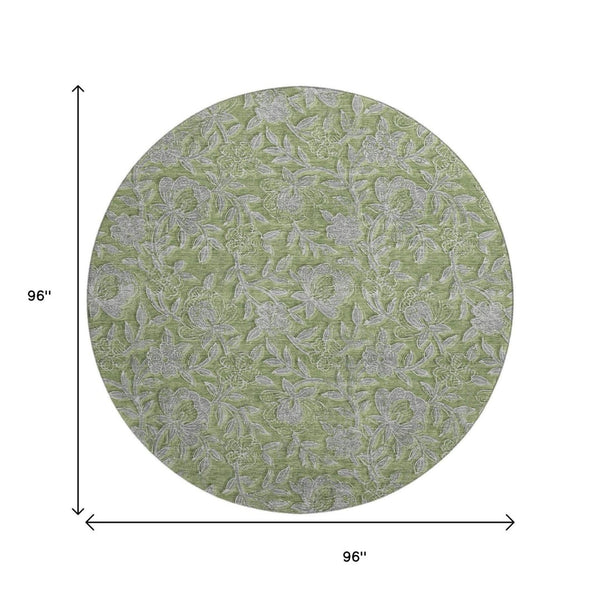 HomeRoots 8' Washable Olive Green & Gray Floral Round Rug with UV Protection - Perfect for High-Traffic Areas! 664633