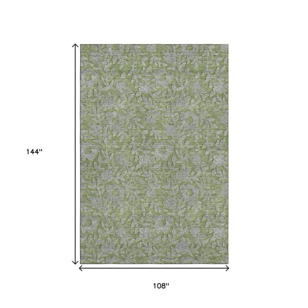 HomeRoots 9' X 12' Olive Green and Gray Floral Washable Area Rug - Durable, Stylish, UV Protected for Any Room 664635