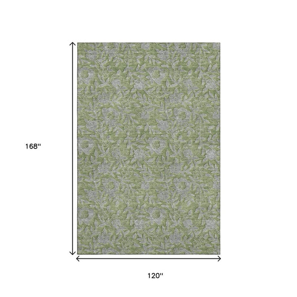 HomeRoots 10' X 14' Olive Green & Gray Floral Area Rug - Washable, UV-Protected, Perfect for High-Traffic Spaces! 664636