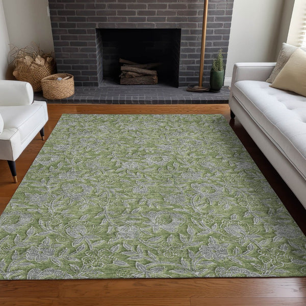 HomeRoots 10' X 14' Olive Green & Gray Floral Area Rug - Washable, UV-Protected, Perfect for High-Traffic Spaces! 664636