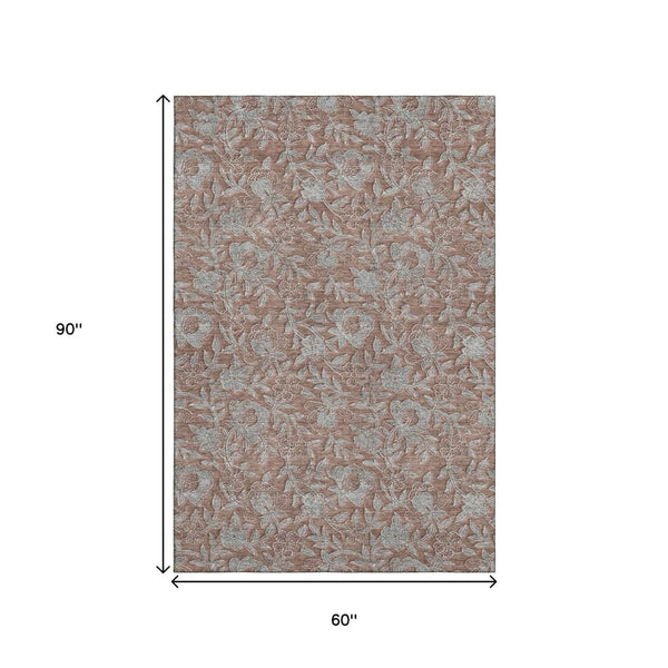 HomeRoots 5' X 8' Elegant Terra Cotta & Gray Floral Area Rug - Washable, UV Protected, Stain Resistant Design 664644