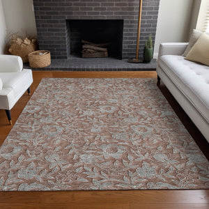 HomeRoots 5' X 8' Elegant Terra Cotta & Gray Floral Area Rug - Washable, UV Protected, Stain Resistant Design 664644